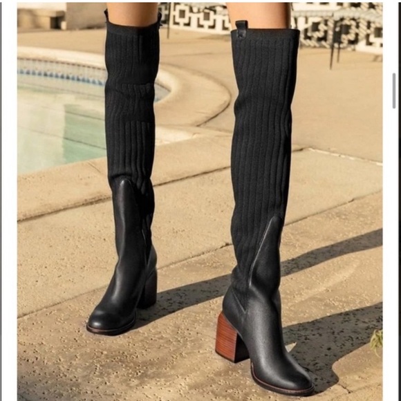 Kelsi dagger Brooklyn over the knee rubber knit and leather boots with heel. - Picture 1 of 6